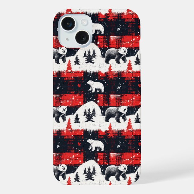 Roter Büffel-Karoprint Eisbär iPhone Hülle (Rückseite)