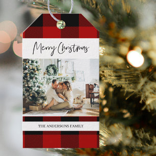 Roter Büffelkariert & Frohe Weihnachten Mit Foto G Geschenkanhänger