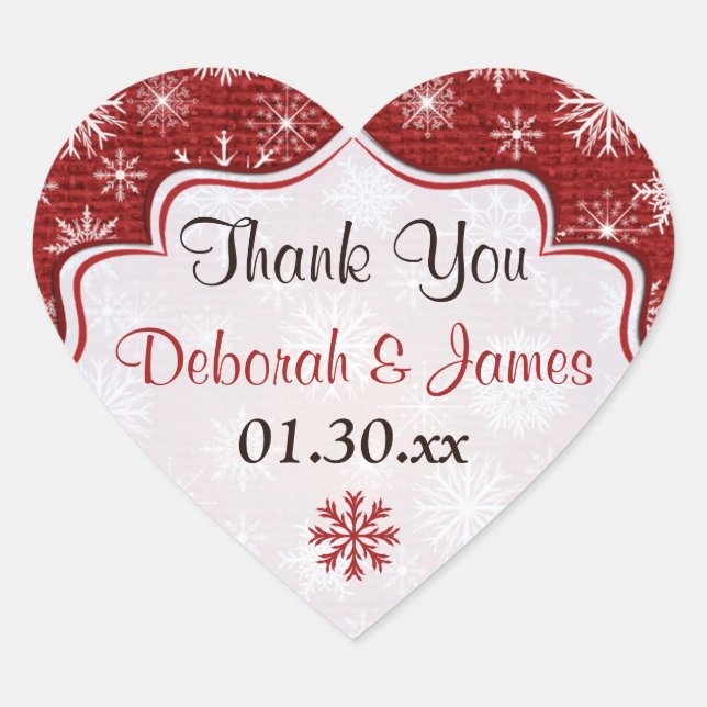 Roter Burlap-Schneeflocken-Gastgeschenk Hochzeit S Herz-Aufkleber (Vorderseite)