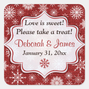 Roter Burlap-Schneeflocken-Gastgeschenk Hochzeit S Quadratischer Aufkleber