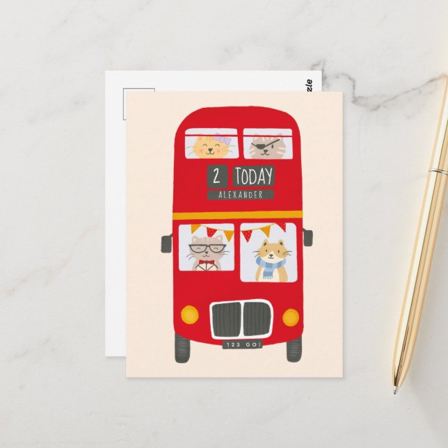 Roter Bus Geburtskarte Postkarte (Vorderseite/Rückseite Beispiel)