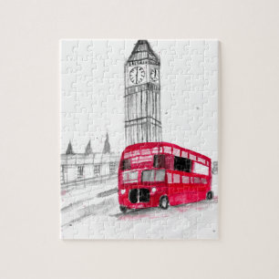 Roter Bus London Wasserfarbe Vintag England Puzzle