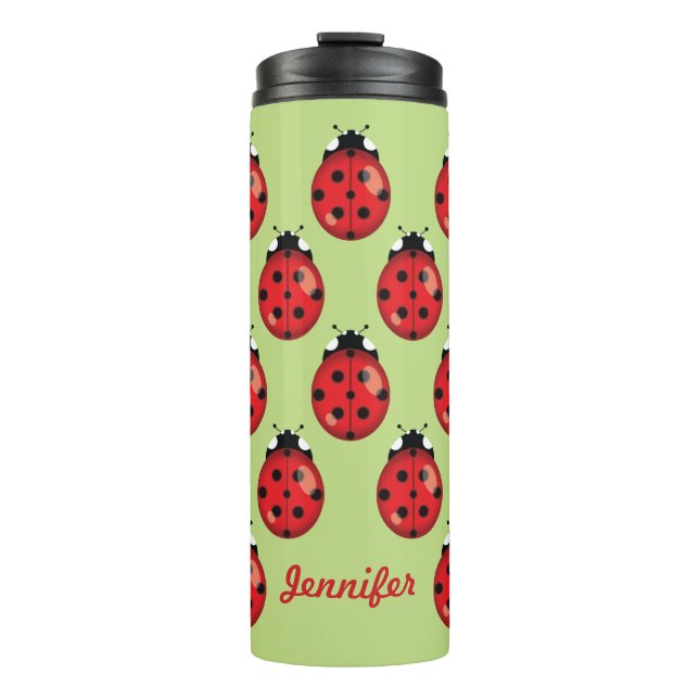 Roter Cartoon Ladybugs mit Individuelle Name Thermosbecher (Vorderseite)