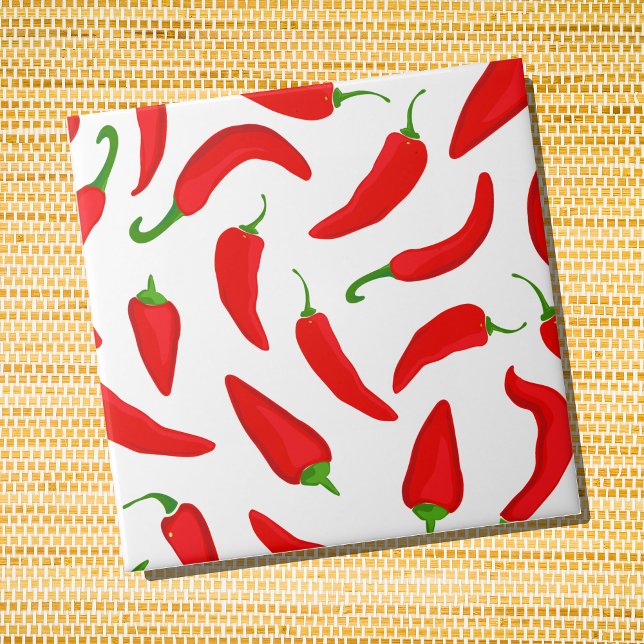 Roter Chili Paprikaschoten auf Weiß Fliese (Red Chilli Pepper Patterned Ceramic Wall Tile)
