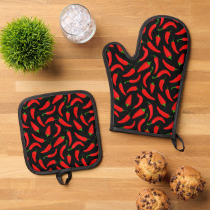 Roter Chili Pepper Gemustert Ofenhandschuh & Topflappen-Set