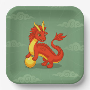 Roter chinesischer Drache auf Grün Pappteller
