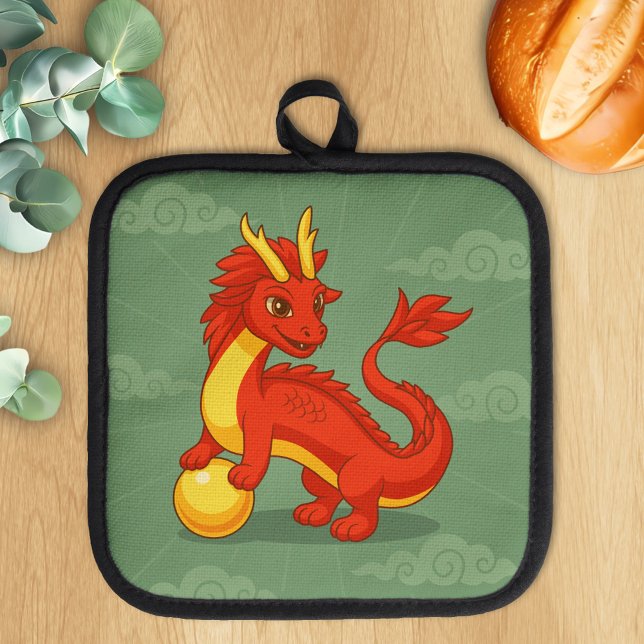 Roter chinesischer Drache auf Grün Topflappen (Von Creator hochgeladen)