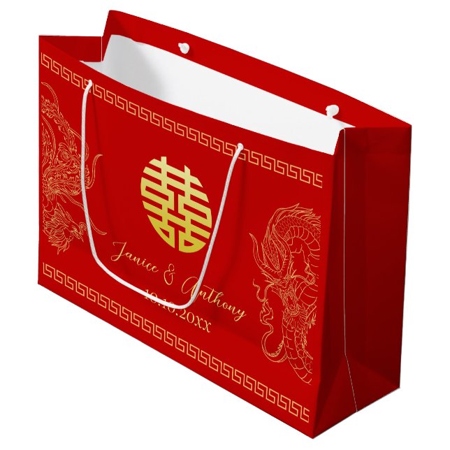 Roter chinesischer Hochzeitdrache Phoenix traditio Große Geschenktüte (Vorderseite Schrägansicht)