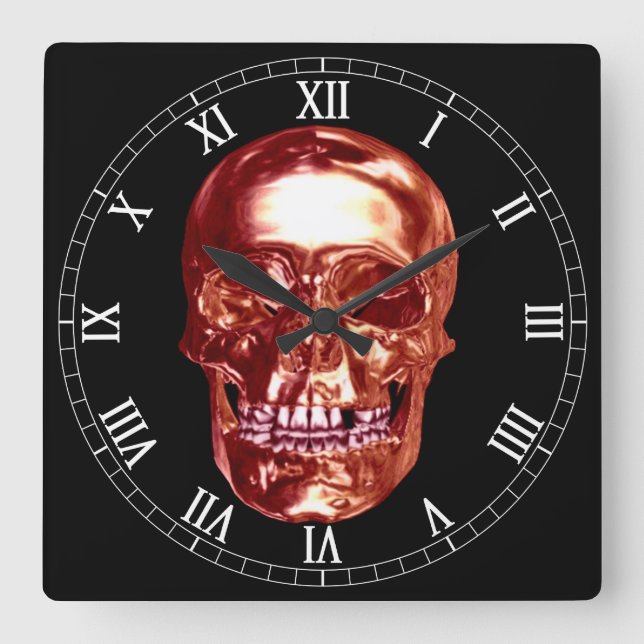 Roter Chrome Skull Square römische Zahlen Uhr (Vorderseite)