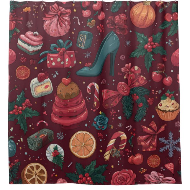 Roter Coquette-Weihnachts-Glamour-Muster Duschvorhang (Vorderseite)