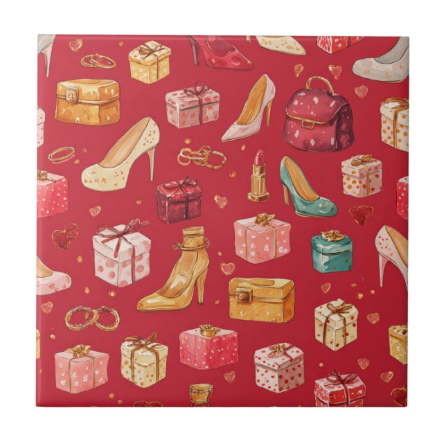 Roter Coquette-Weihnachts-Glamour-Muster Fliese (Vorderseite)