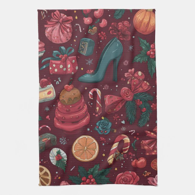 Roter Coquette-Weihnachts-Glamour-Muster Geschirrtuch (Vertikal)