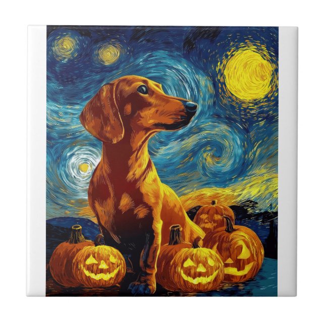 Roter Dachshund von van gogh Sternennacht Hallowee Fliese (Vorderseite)