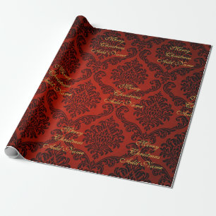 Roter Damast mit goldener Schrift Frohe Weihnachte Geschenkpapier