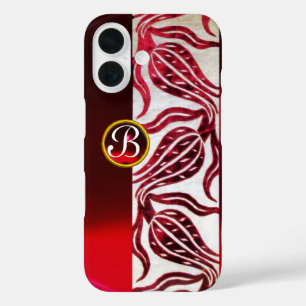ROTER DAMAST-SAMT-TULPEN-MONOGRAMM Burgund Weiß iPhone 16 Hülle