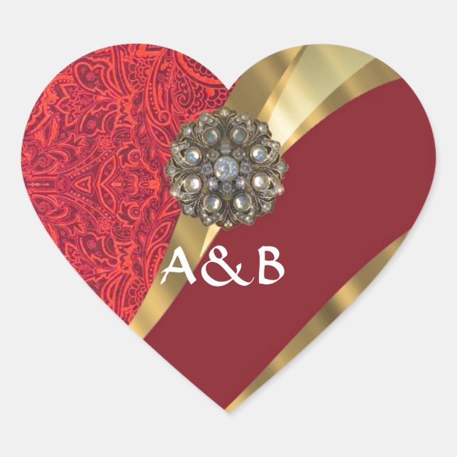 Roter Damast und Goldwirbel Herz-Aufkleber (Vorderseite)