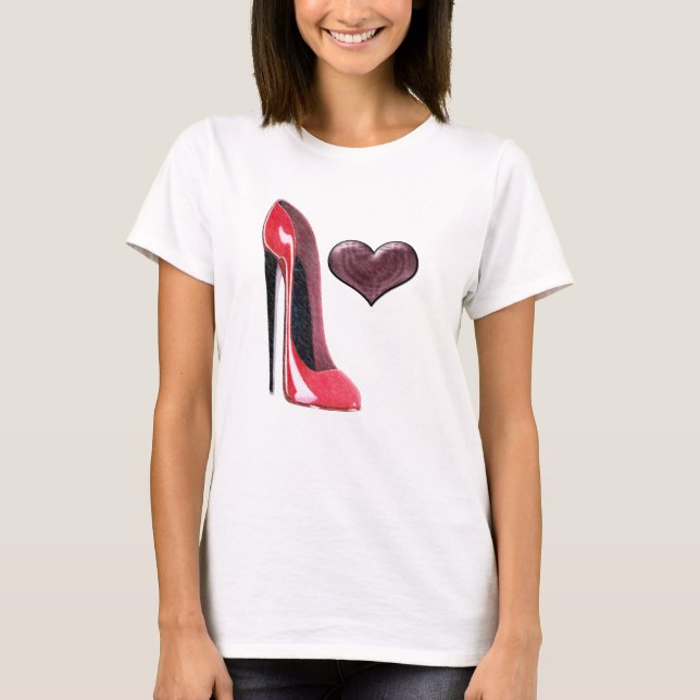 Roter des Stilett-Schuh-und Herz-3D Entwurf T-Shirt (Vorderseite)