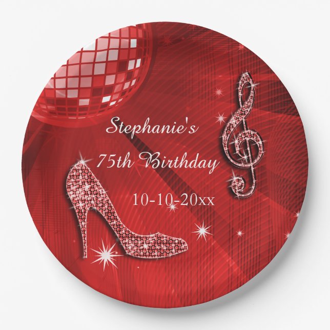 Roter Disco-Ball und Heels-75. Geburtstag Pappteller (Vorderseite)
