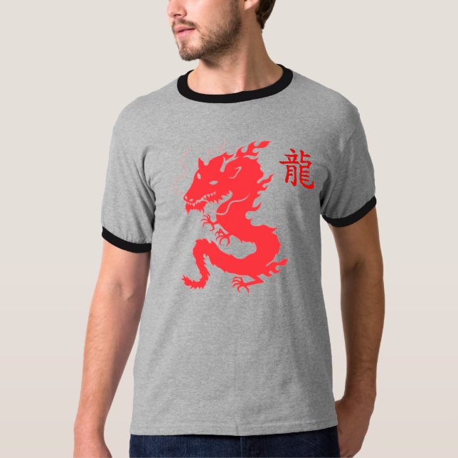 Roter Drache-asiatischer Buchstabe-T - Shirt - (Vorderseite)