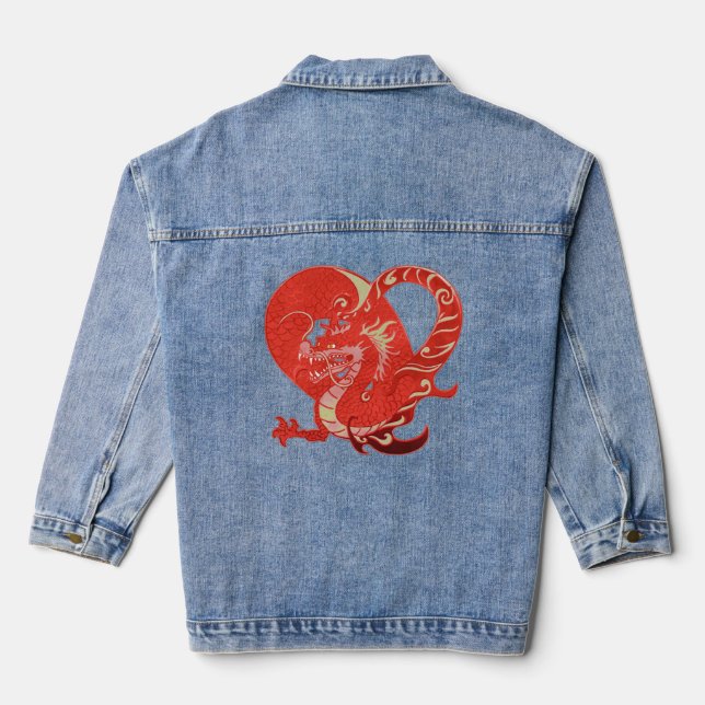 Roter Drache Herz Valentine Chinesische Neujahrsfr Jeansjacke (Rückseite)