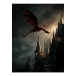 Roter Drache über gotischem Schloss Poster
