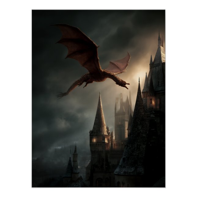 Roter Drache über gotischem Schloss Poster (Vorderseite)