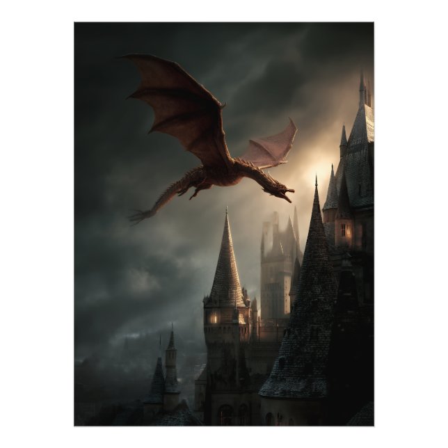 Roter Drache über gotischer Burg Fotodruck (Vorne)
