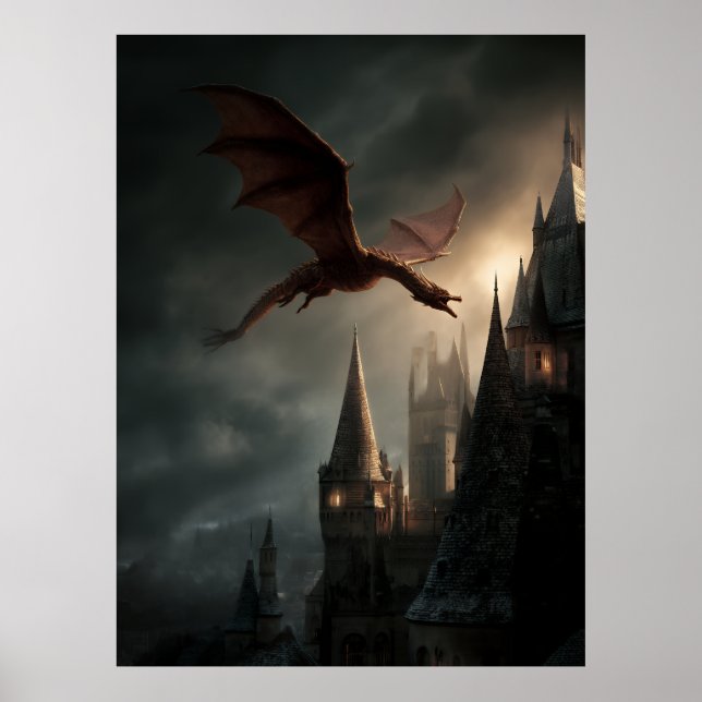 Roter Drache über gotischer Burg Poster (Vorne)