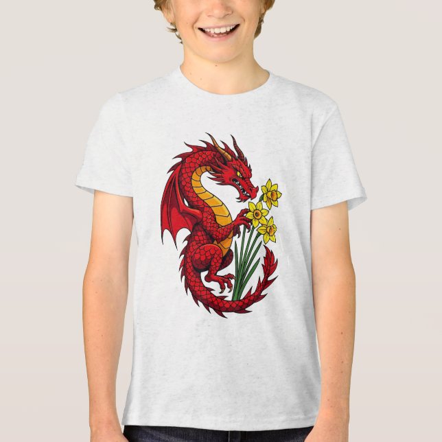 Roter Drache und Narzissen Design Tri-Blend Shirt (Vorderseite)
