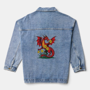 Roter Drache unter Narzissenblumen Jeansjacke