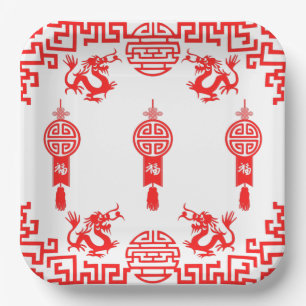Roter Dragon Oriental Square Party Plate Pappteller