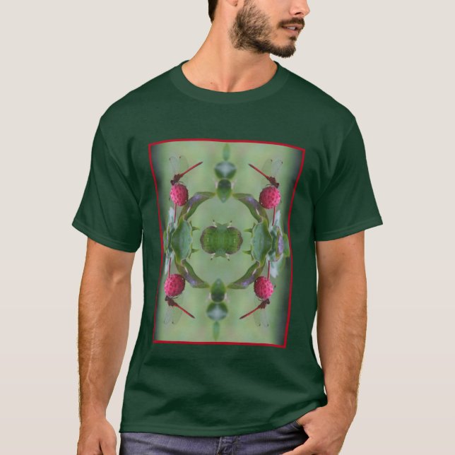 Roter Dragonfly auf Dogwood Frucht Abstrakt T-Shirt (Vorderseite)