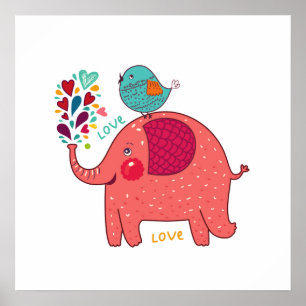 Roter Elefant und Vogel Poster