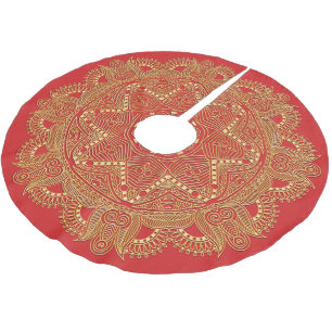 Roter Eleganter Schicker Goldener Mandala-Blumen-K Polyester Weihnachtsbaumdecke
