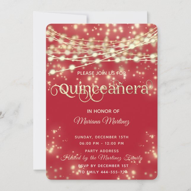 Roter, eleganter String leuchtet goldenes Funkeln Einladung (Vorderseite)
