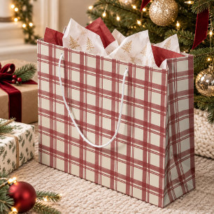 Roter Elfenbein-Cream-Tartan-Karo-Weihnachten Große Geschenktüte