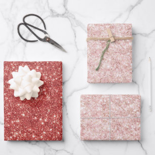 Roter Errötung Rosa Funkeln Glitter Weihnachten Geschenkpapier Set