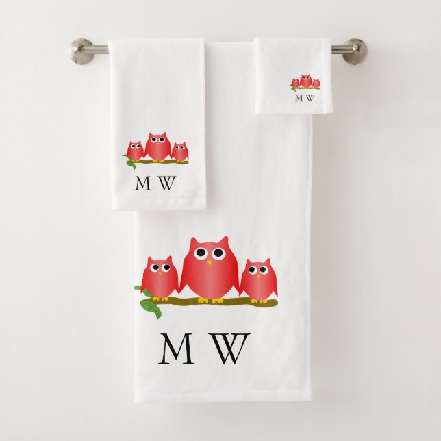 Roter Eulen-Design-Monogramm Badhandtuch Set (Insitu)