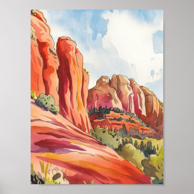 Roter Felsen, Sedona, Arizona, Aquarellmalerei Poster (Vorne)
