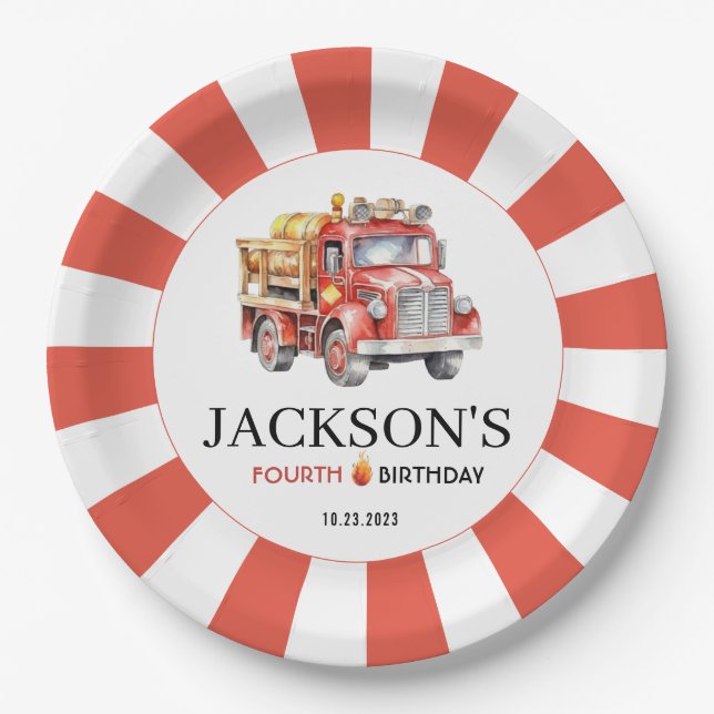 Roter Feuerwehrmann Junge Geburtspapier-Teller Pappteller (Vorderseite)