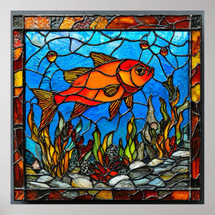 🐟 Roter Fisch Glasmalerei-Geschenk für Zuhause Poster