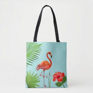 Roter Flamingo, Hibiscus & Tropische Palmwedel-Tas