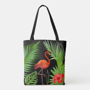 Roter Flamingo, Hibiskus & Palmwedel auf Schwarz
