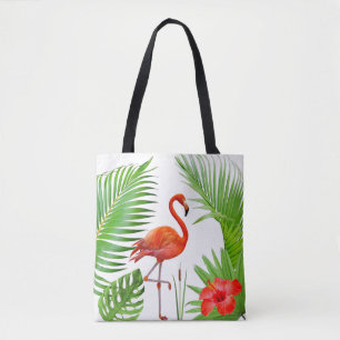 Roter Flamingo, Hibiskus & tropische Palmblätter