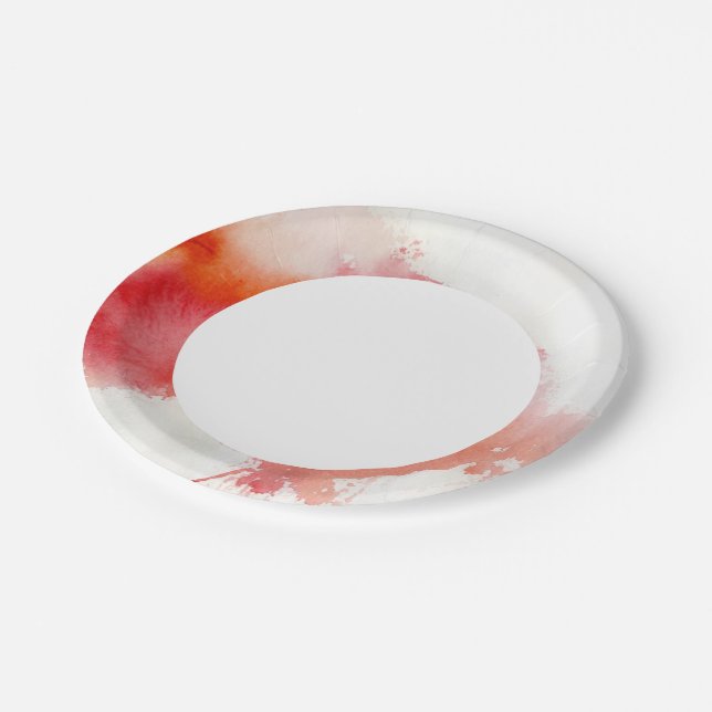 Roter Fleck, abstrakte Wasserfarbe Pappteller (Schrägansicht)