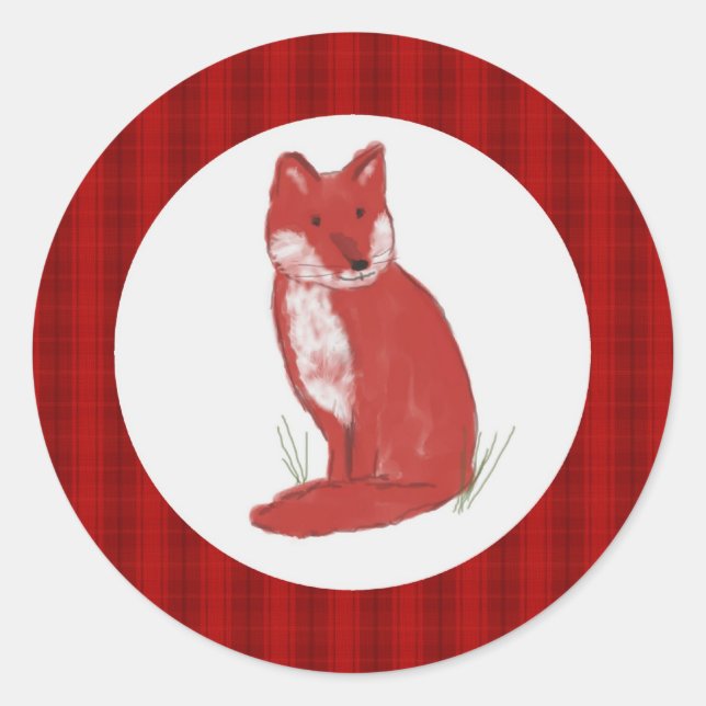 Roter Fox-Illustration mit kariertem Runder Aufkleber (Vorderseite)
