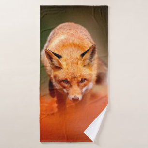 Roter Fuchs auf orangefarbenen Herbstblättern. Nie Badehandtuch