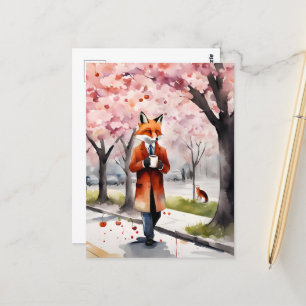 Roter Fuchs bei einem Spaziergang mit Kaffeekirsch Postkarte
