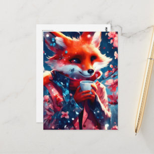 Roter Fuchs mit Kirschblüten-Frühlingsblüten Postkarte