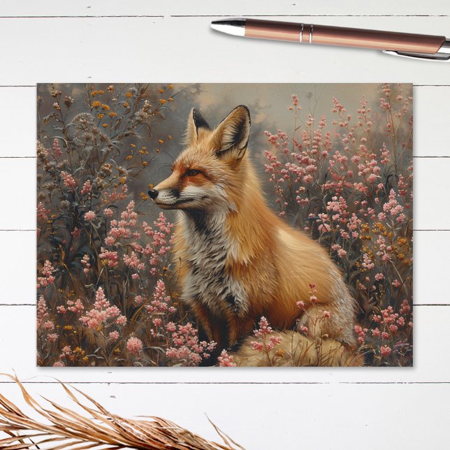 Roter Fuchs mit rosa Wildblumen Malerei Postkarte (Von Creator hochgeladen)